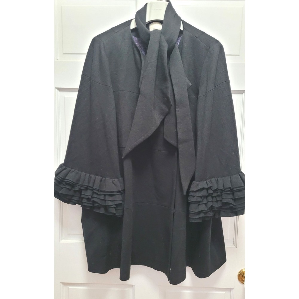 Mise en Scene Ruffian Wool Blend Ruffle Sleeve Neck Tie Scarf Coat - Black - 10